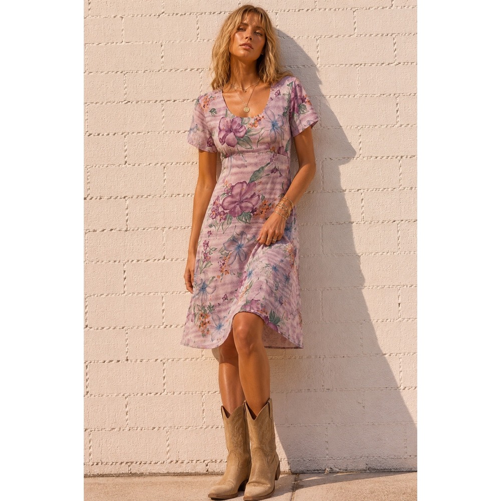 Vintage Tickets Pastel Floral Midi Dress Cottagecore Garden‎ Party Tie Back S